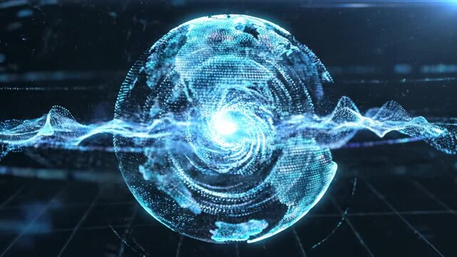 Abstract glowing blue sphere composed of swirling particles and energy waves, representing digital data, technology, and global network, ideal for science and futuristic themes