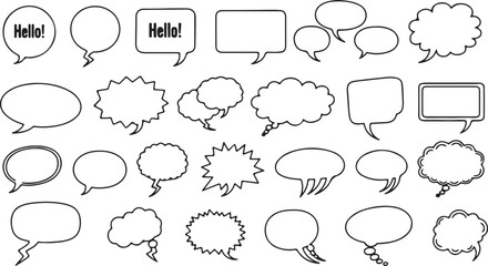 Fototapeta premium A diverse collection of minimalist, hand-drawn speech bubbles and thought clouds in various shapes including round, rectangular, jagged, and fluffy styles.