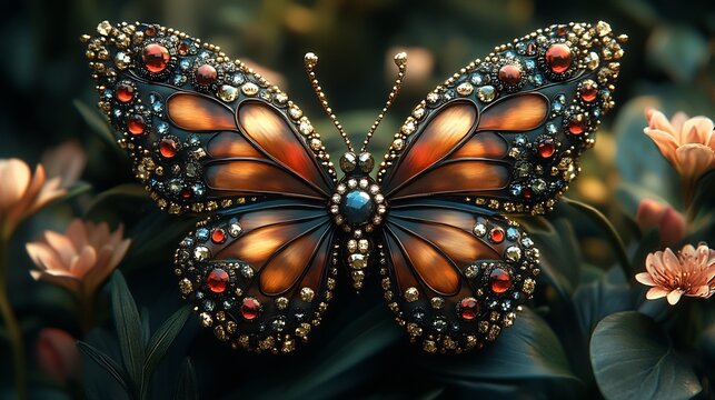 Whimsical butterfly shaped brooch with sparkling crystals on an elegant dress set against a garden party scene with lush greenery and flowers in full bloom