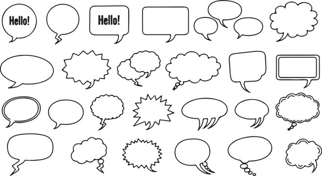 A diverse collection of minimalist, hand-drawn speech bubbles and thought clouds in various shapes including round, rectangular, jagged, and fluffy styles.