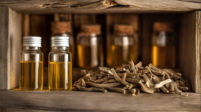 valerian. Dried valerian roots and small bottles on a rustic wooden shelf. menu design, packaging mockups, designed for culinary blogs and recipe cards for restaurants.