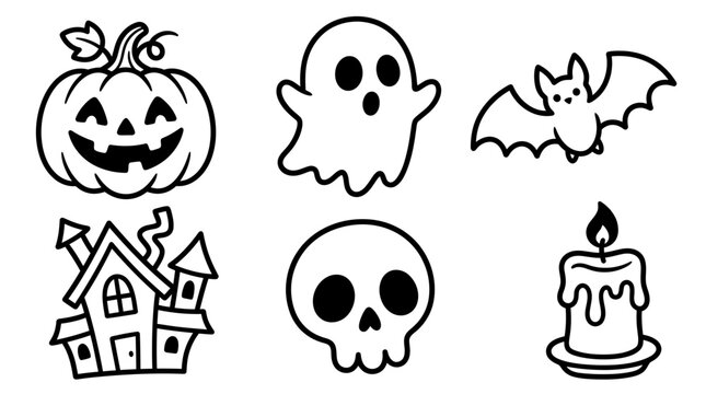 Set of simple black line art halloween icons including pumpkin ghost bat haunted house skull and candle, perfect for coloring book pages children educational activities and party decorations