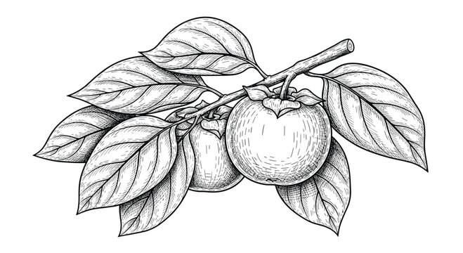 Persimmon fruit branch with leaves engraving style illustration for food labels and restaurant menus isolated on white background.