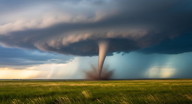 Dramatic tornado descends over open plains under stormy skies