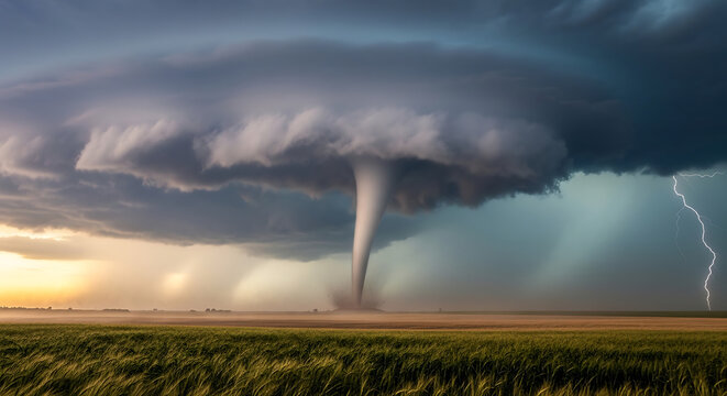 Dramatic supercell thunderstorm with visible tornado touching down over plains