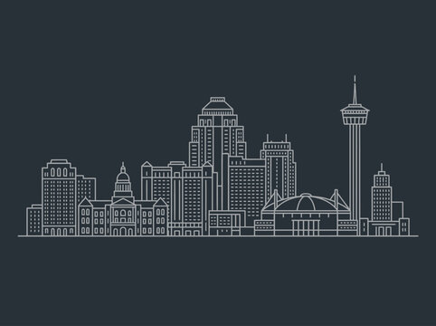 San Antonio Texas Skyline Line Art Illustration, Minimalist Cityscape Outline on Dark Background with Tower of the Americas