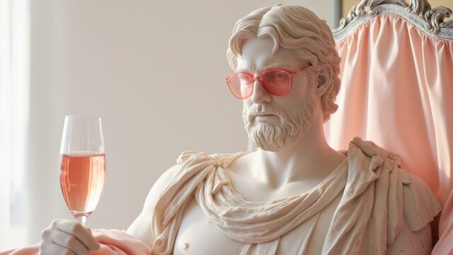 Statue of a classical figure, possibly from Greek mythology, wearing sunglasses and holding a wine glass. 