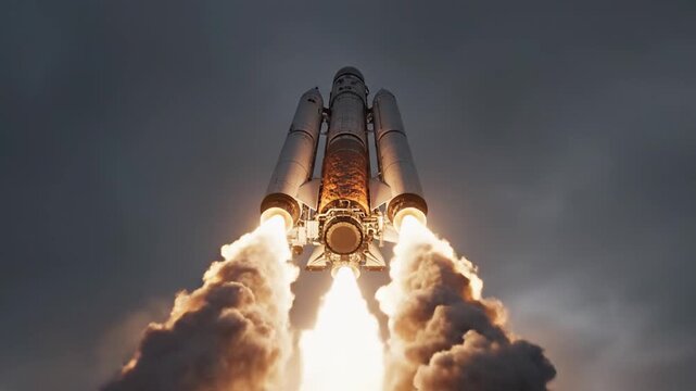 Spectacular rocket launch soaring through dramatic clouds with bright exhaust.