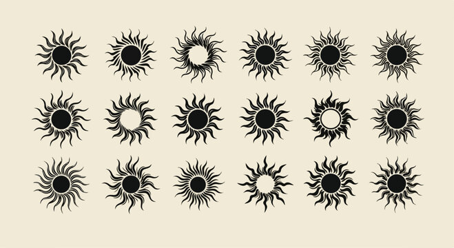 A seamless grid of bold black sunburst motifs on a neutral beige background creating a crisp geometric pattern