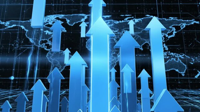 Digital world map with upward arrows representing smart infrastructure and connectivity