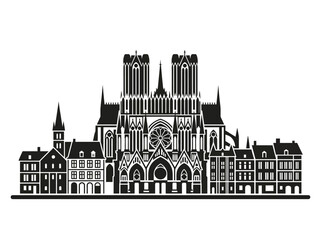 Obraz premium Reims Cathedral Notre-Dame de Reims Silhouette, French Gothic Architecture City Skyline Vector, France Landmark Icon for Travel and Tourism Design