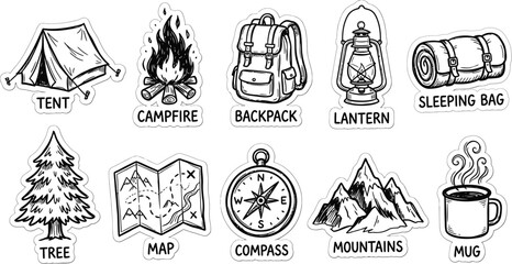 Hand drawn doodle camping sticker pack outdoor adventure icons tent campfire backpack compass mountain black line vector set illustration © ArtFlex