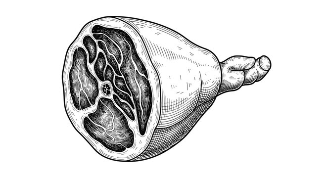 Smoked ham or gammon piece vintage style hand drawn engraving illustration for butcher shop and meat labels on white background.