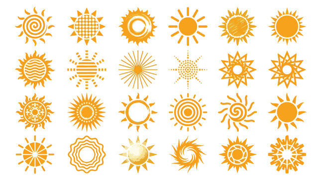 Vibrant sunburst icon collection in warm orange tones with circular radii and varied ray patterns for design projects