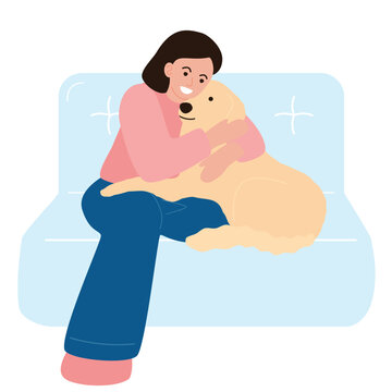 Happy Young Woman Hugging Her Golden Retriever Dog on Sofa