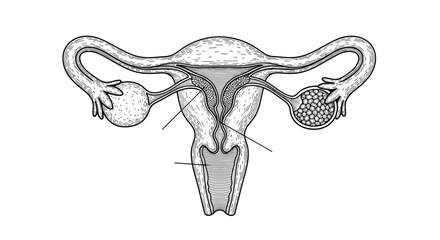 Fototapeta premium Female reproductive system anatomy with uterus ovaries and fallopian tubes vintage engraving illustration for medical education.