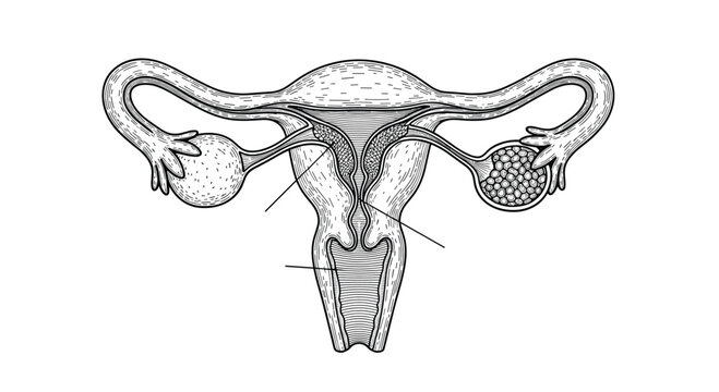 Female reproductive system anatomy with uterus ovaries and fallopian tubes vintage engraving illustration for medical education.