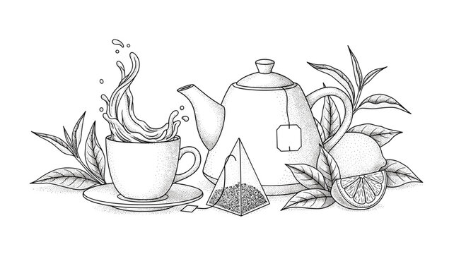 Elegant stippled ink drawing of a tea set featuring a splashing cup, a teapot with a tea bag, and fresh lemon.