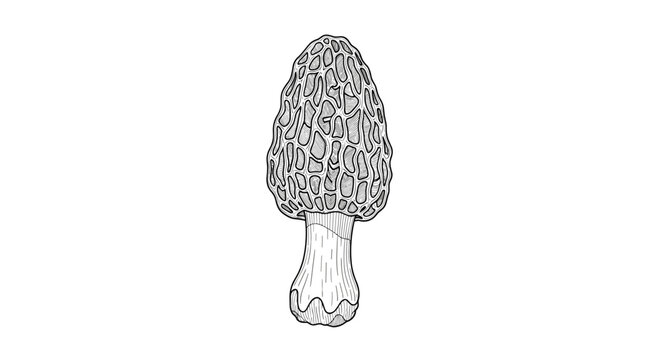 Highly detailed engraving style illustration of a single edible morel mushroom isolated on a white background.
