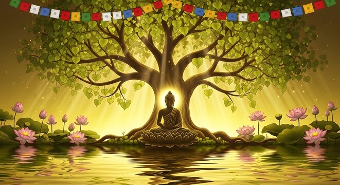 Vector Illustration of Buddha meditating under a tree with colorful prayer flags, abstract modern digital art background
