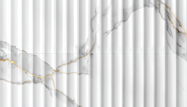 White fluted marble texture with gold and grey veining, seamless ribbed calacatta marble wall panel background.