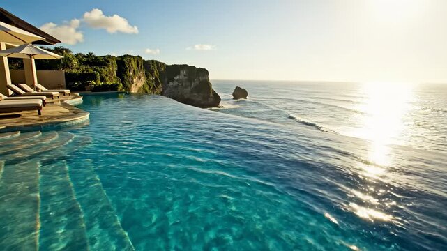 Luxury infinity swimming pool overlooking the ocean at sunset, with lounge chairs and tropical foliage, serene vacation destination