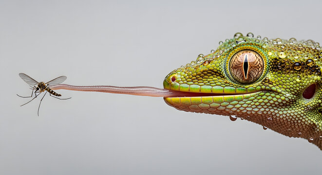 Macro Shot of a Green Gecko Catching a Mosquito