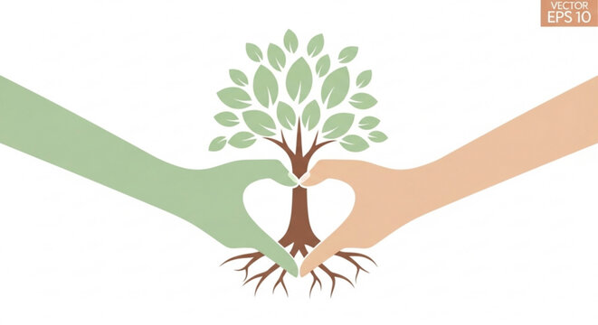 Hands forming a heart around a tree with roots symbolizing love for nature eco-friendly concept vector illustr