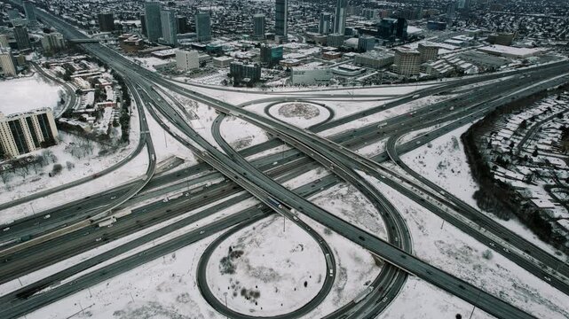 Toronto highway with snow and ramps. Snowcovered highway intersection in Toronto city