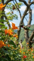 Fototapeta premium Vibrant hummingbird feeds on orange flowers.