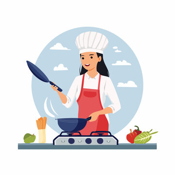 Woman Chef Cooking with Frying Pan on Stove