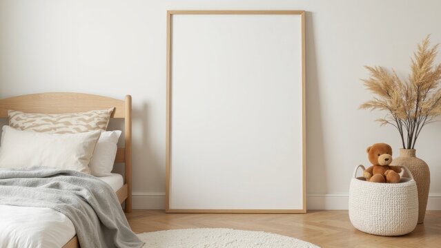 Bedroom interior with a wooden blank canvas board leaning against the wall, ready for personal expression. Soft beds and decorative accents create a comfortable and stylish living space.