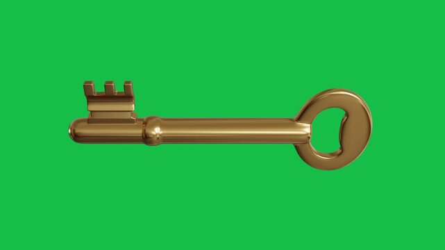 Gold vintage key rotate on green screen background