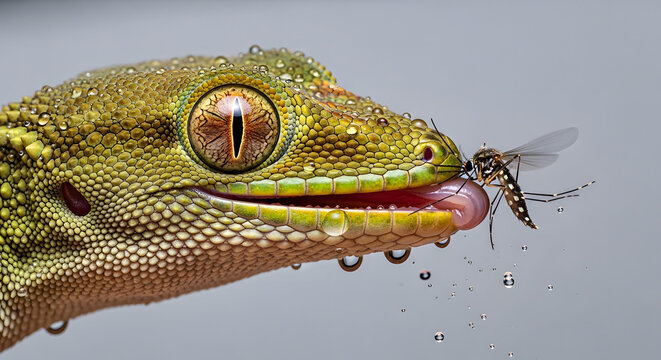 Macro Photography of Green Gecko Catching Mosquito