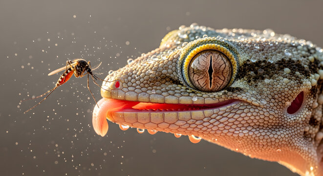 Macro Shot of Gecko with Tongue Out Hunting a Mosquito