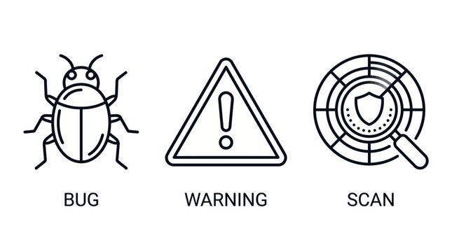 Bug Warning Scan Icons Illustrating Cybersecurity Threats and Protection Measures