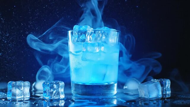 Vibrant blue cocktail with ice cubes and smoky presentation.