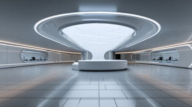 3d rendering of empty space inside futuristic showroom, spaceship, hall or studio in perspective. Include ceiling, hidden light, tile floor and counter. Modern background design of future, technology.