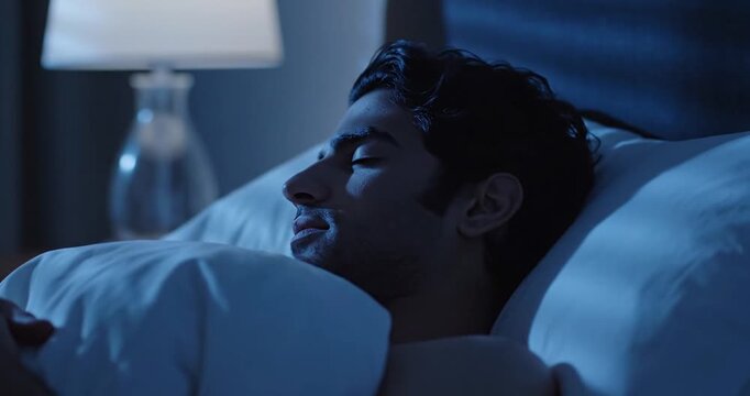 Man lying awake in bed.