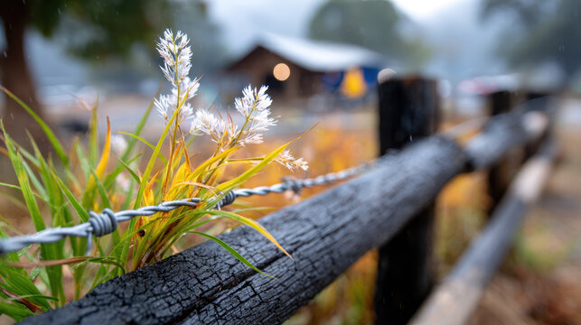 Charred wooden rail fence with barbed wire and flowering grass in foreground for rustic background and rural recovery poster