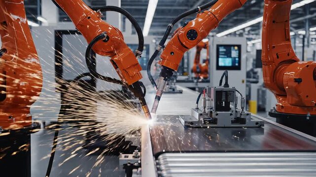 Industrial robots welding metal parts highlighting industrial scale and construction progress