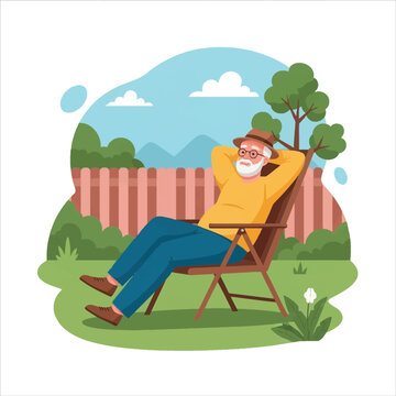 Senior man with white beard and glasses wearing a hat and yellow sweater relaxing in a wooden deck chair in his backyard garden with a fence, trees, and blue sky vector illustration.