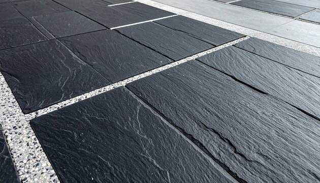 Black flagstone paving with grey terrazzo grout pattern, modern charcoal slate paving with speckled concrete joints.