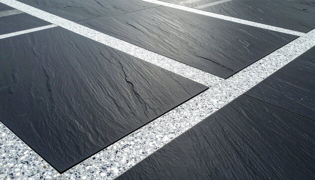 Black flagstone paving with grey terrazzo grout pattern, modern charcoal slate paving with speckled concrete joints.