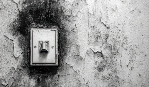 Burned light switch on peeling plaster wall for inspection background and restoration reference