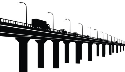 Naklejka premium Silhouette of a highway bridge with traffic including a semi truck and cars against a white background high quality professional detailed modern elegant stylish