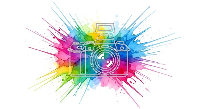World Photography Day Outline of a camera exploding with colorful watercolor paint splashes illustration