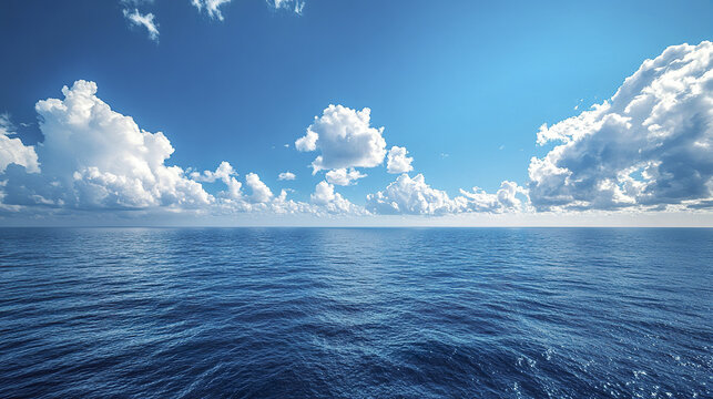 Serene seascape with deep blue ocean waves under bright sky filled with fluffy white clouds, creating peaceful and expansive natural view