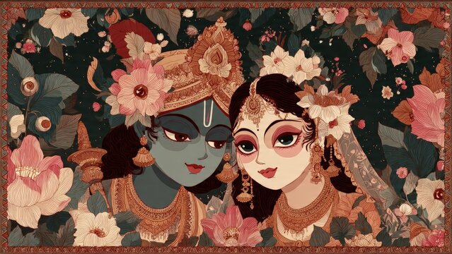 Radha Krishna in Pattachitra Style with Mythological Detailing and Decorative Borders