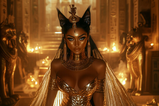 Ancient Egyptian goddess Bastet on the golden throne hall.